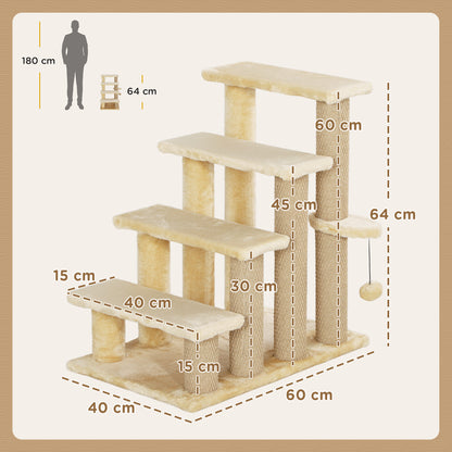 4-step Pet Stairs with Scratching Posts, Platforms, Toy Ball, Beige