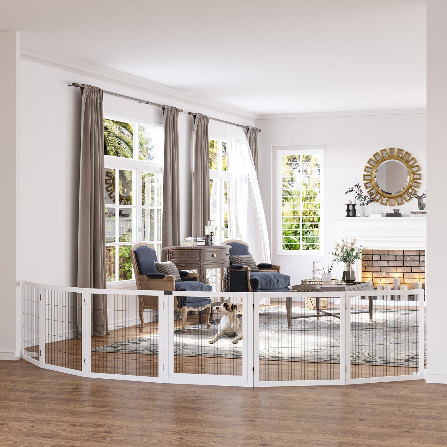 Wooden Pet Gate, Freestanding Dog Safety Barrier with 2 Support Feet, White