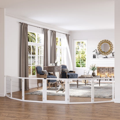 Wooden Pet Gate, Freestanding Dog Safety Barrier with 2 Support Feet, White
