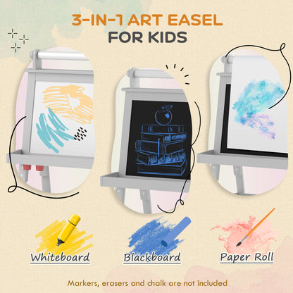 3 in 1 Kids Easel Double-Sided Magnetic Whiteboard and Chalkboard with Paper Roll, Storage Baskets - Grey