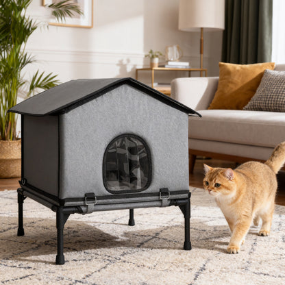 Outdoor Cat House, Waterproof Insulated Cat Kennel with Elevated Base, Foldable Feral Kitty Shelter for Kittens, Grey