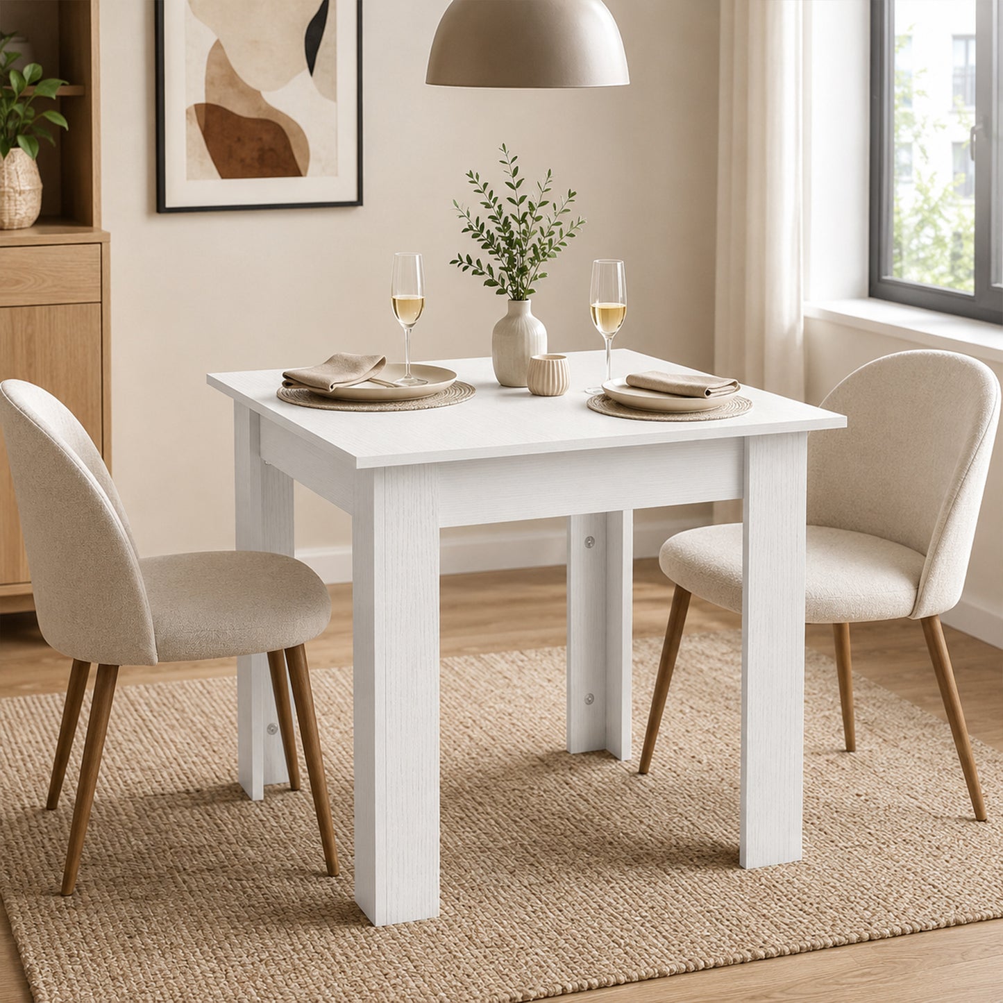 Square Dining Table, Modern Small Dining Table with Wood Effect, Space Saving, Non-slip Foot Pads, White