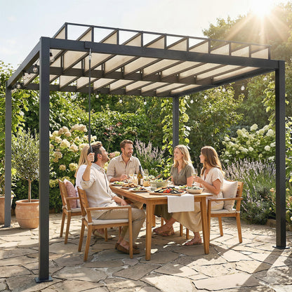 3 x 3 m Louvered Pergola with PC Roof, Aluminium Patio Gazebo Pergola Canopy with Drainage Gutters, Handle, Coffee
