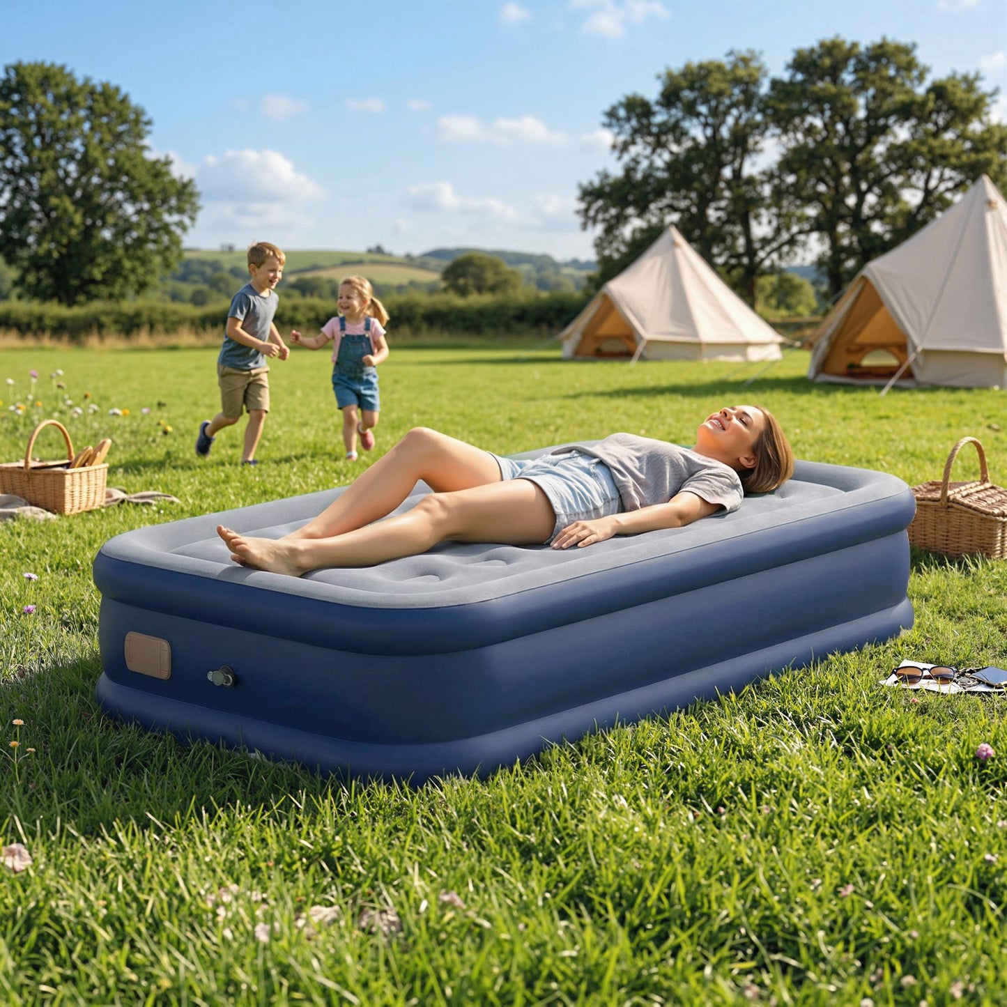 Inflatable Mattress, Single Air Bed with Built-in Electric Pump, 3 Mins Inflation, Flocked Surface, Grey
