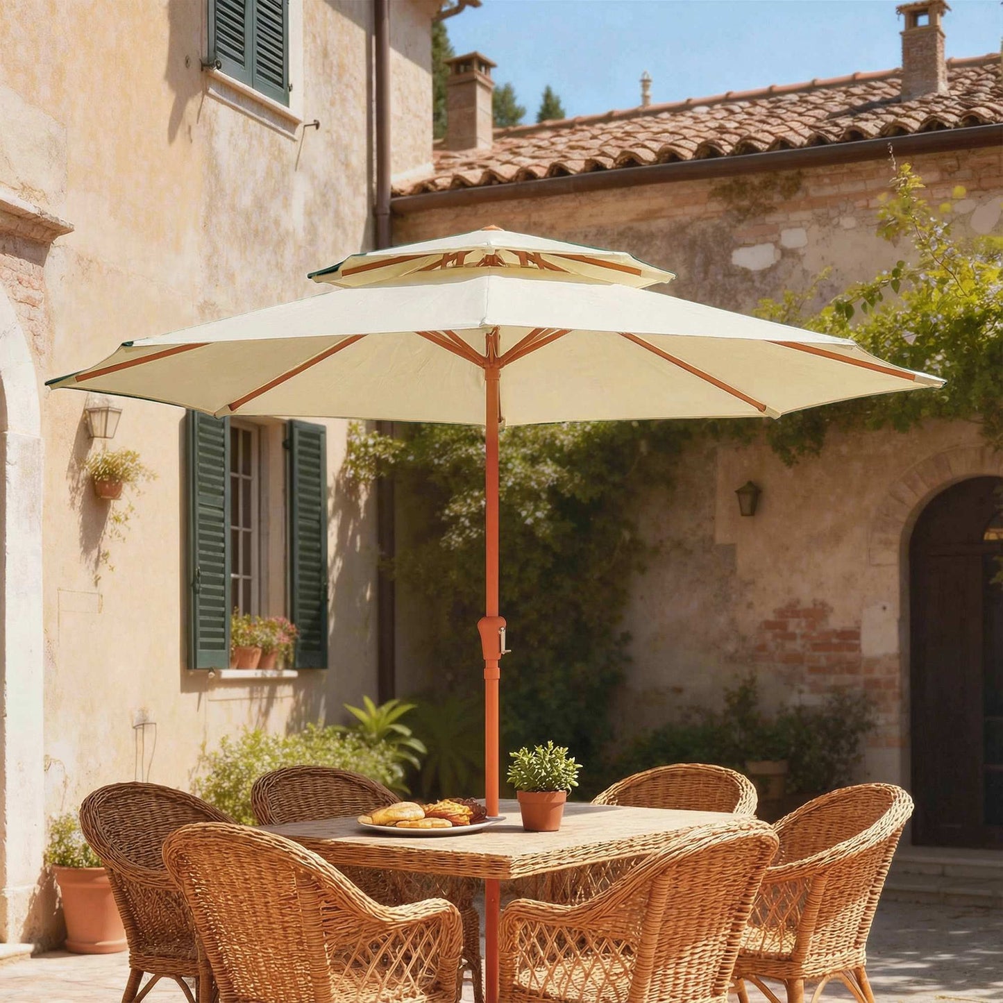 2.7 m Garden Parasol with Double Top Outdoor Market Table Umbrella with Crank System, Cream White