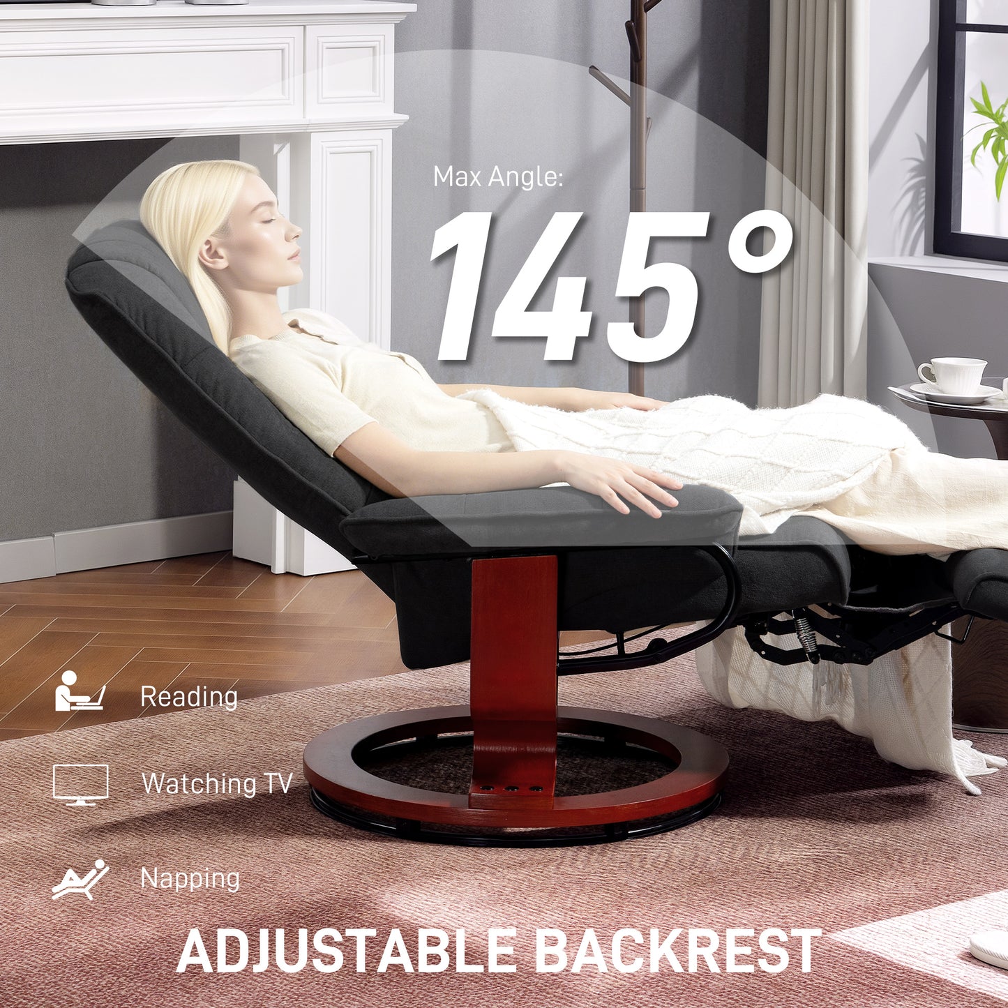 Reclining Swivel Chair, with Footrest - Black