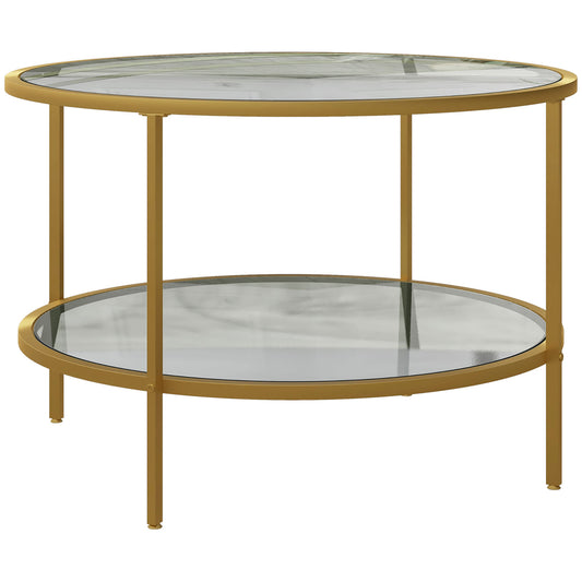 Round Coffee Table with Storage, 2-Tier Tempered Glass Coffee Table with Steel Frame for Living Room, Gold Tone