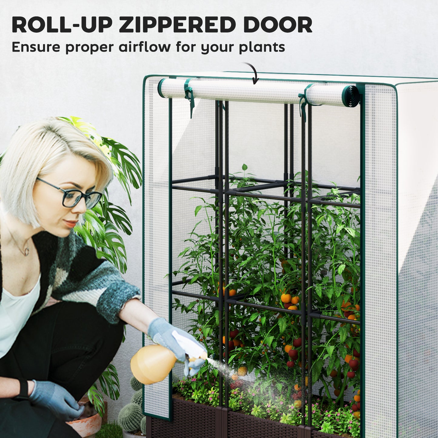 Raised Garden Bed with Trellis, Plastic Planter Box with PE Cover, Drainage Holes