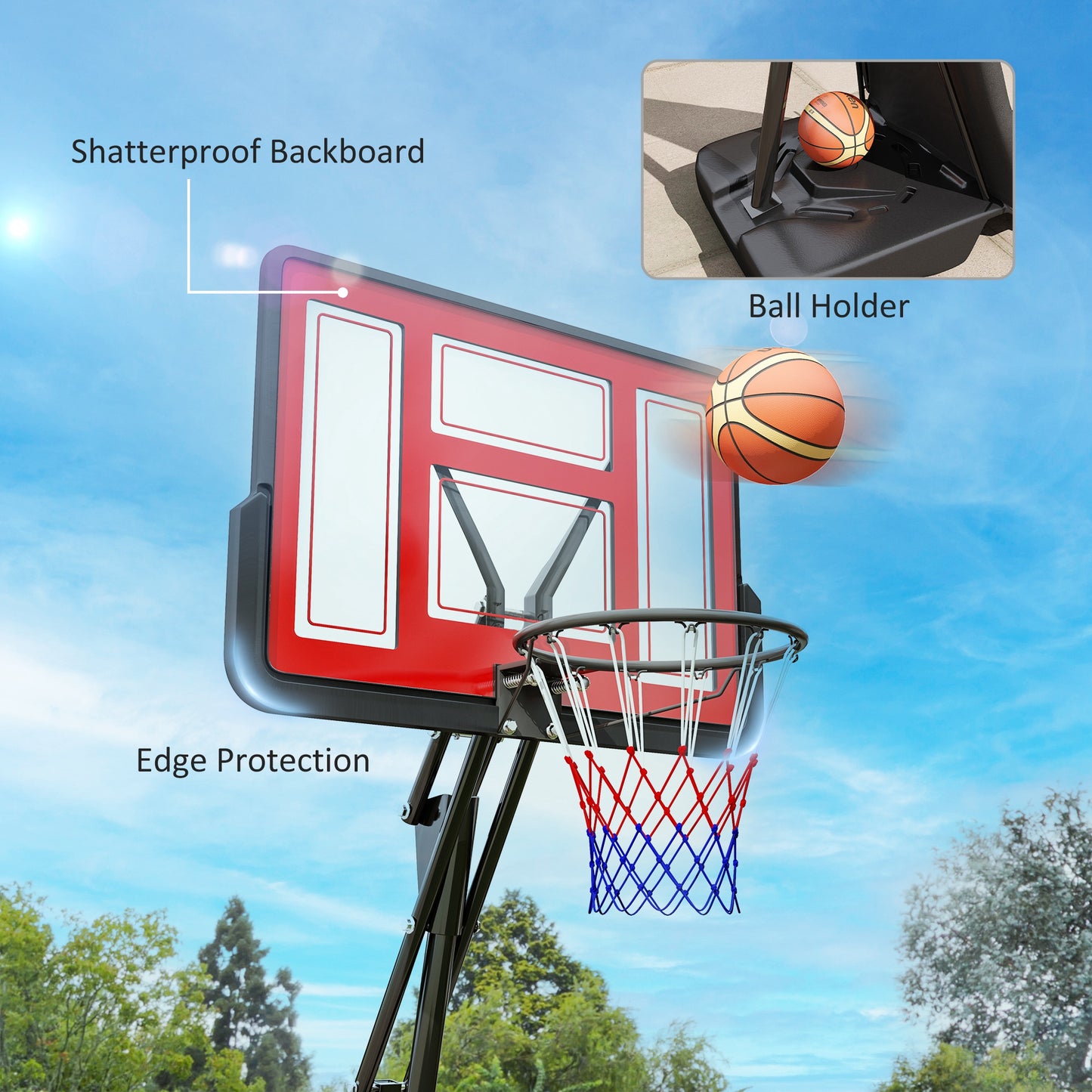 245-305cm Adjustable Basketball Hoop and Stand, with Wheels, Red