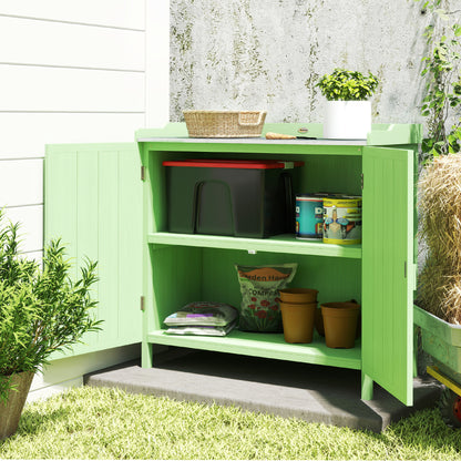 Wood Garden Storage Cabinet, Outdoor Tool Shed, Potting Bench Table with galvanised Top and Two Shelves for garden Tools or P
