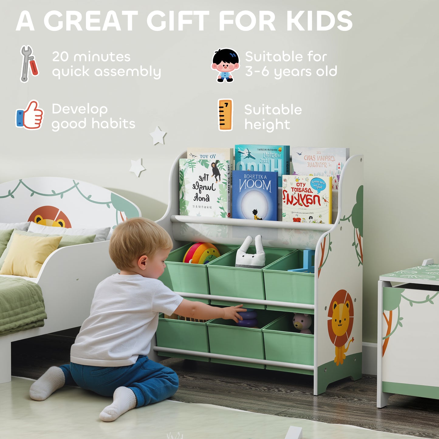 Kids Storage Unit, Toy Organiser with 6 Fabric Drawers and 2-Tier Sling Book Rack for Bedroom, Playroom, Nursery, Green