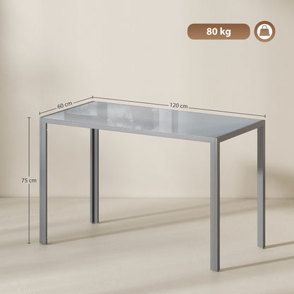 120cm Dining Table, Rectangle 4 Seater Kitchen Table with Tempered Glass Top and Metal Legs, Grey