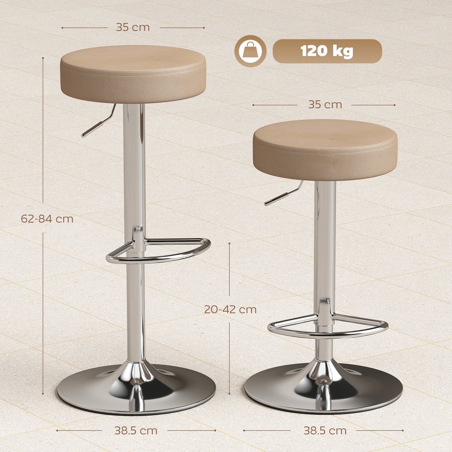 Bar Stools Set of 2, Modern PU Leather Swivel Barstools, Height Adjustable Breakfast Bar Chairs with Footrest, Brown