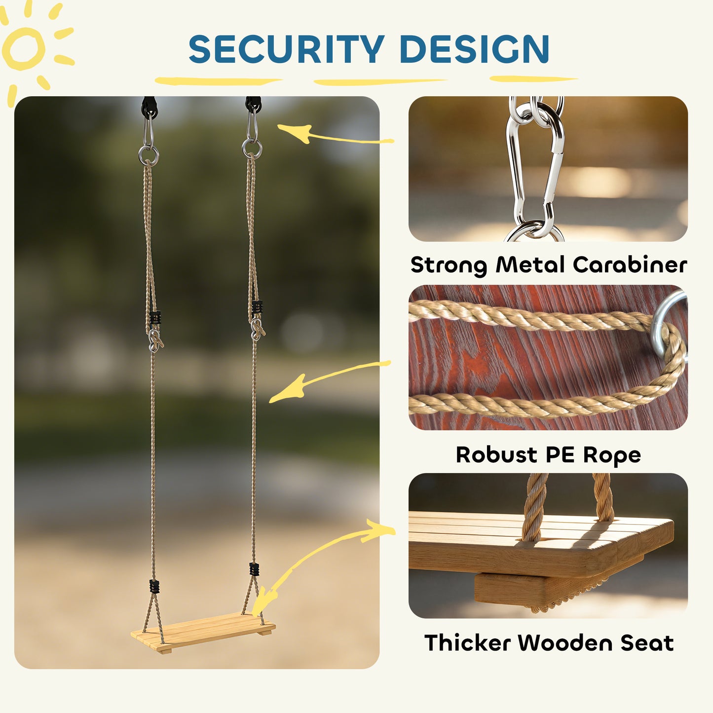 Wooden Swing Seat, Kids Swing Set with Adjustable Rope and Tree Straps, Outdoor Playground Playset for Kids