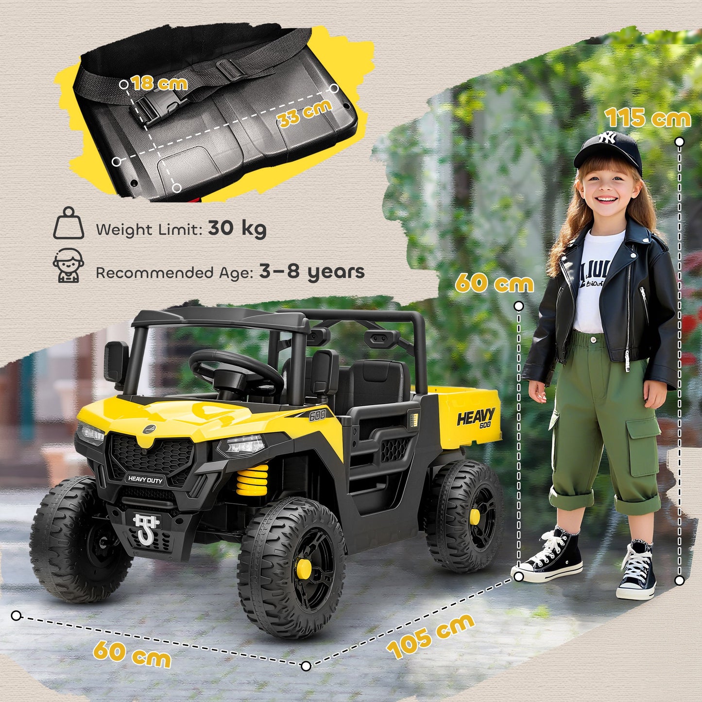 Kids Ride on Car, 12V Electric Kids UTV with Electric Dump Bed, 4-Wheel Suspension for 3-8 Years, Yellow