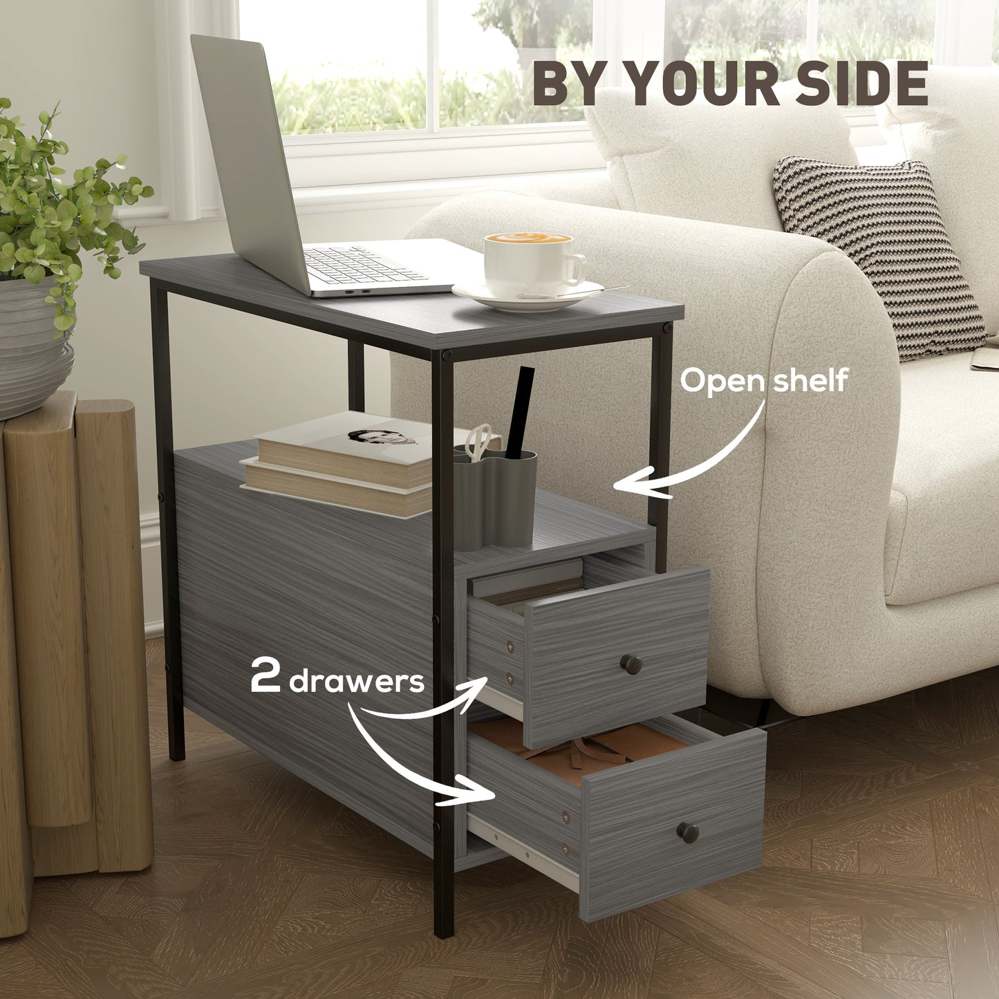 Side Table, Narrow Bedside Table with 2 Drawers and Storage Shelf, Industrial End Table with Metal Frame for Small Spaces