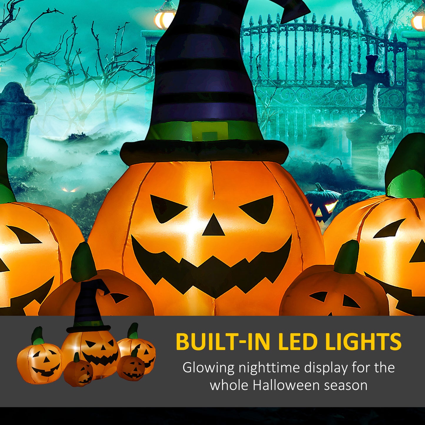 6ft Inflatable Halloween Large Pumpkin in Hat with Four Small Pumpkins, Blow-Up Outdoor LED Display for Lawn, Garden, Party
