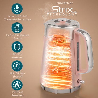 Electric Stainless Steel Kettle and Toaster Set, 3000W 1.7L UK Strix Thermostat Fast Boil Kettle Pink