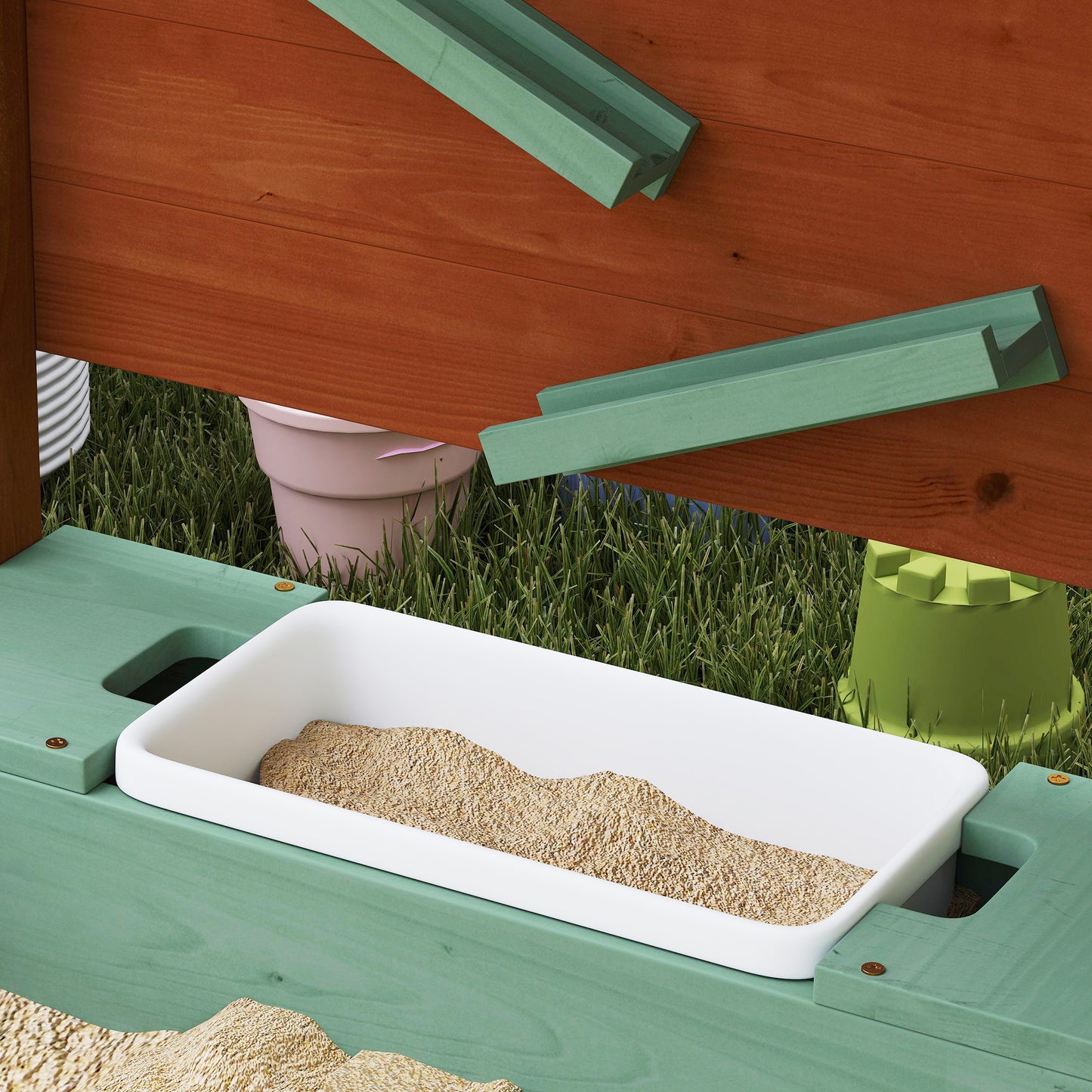 Wood Sandpit with Canopy, Storage Bins, Funnel, Liner, Chutes, Bucket with Tap, 116 x 112.5 x 128 cm, Green