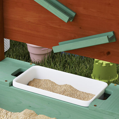Wood Sandpit with Canopy, Storage Bins, Funnel, Liner, Chutes, Bucket with Tap, 116 x 112.5 x 128 cm, Green
