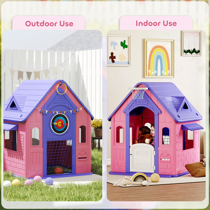 5-in-1 Playhouse for Kids Outdoor Indoor with Basketball Hoop, Football Goal, Dartboard, Ring Toss for 2-5 Years, Pink