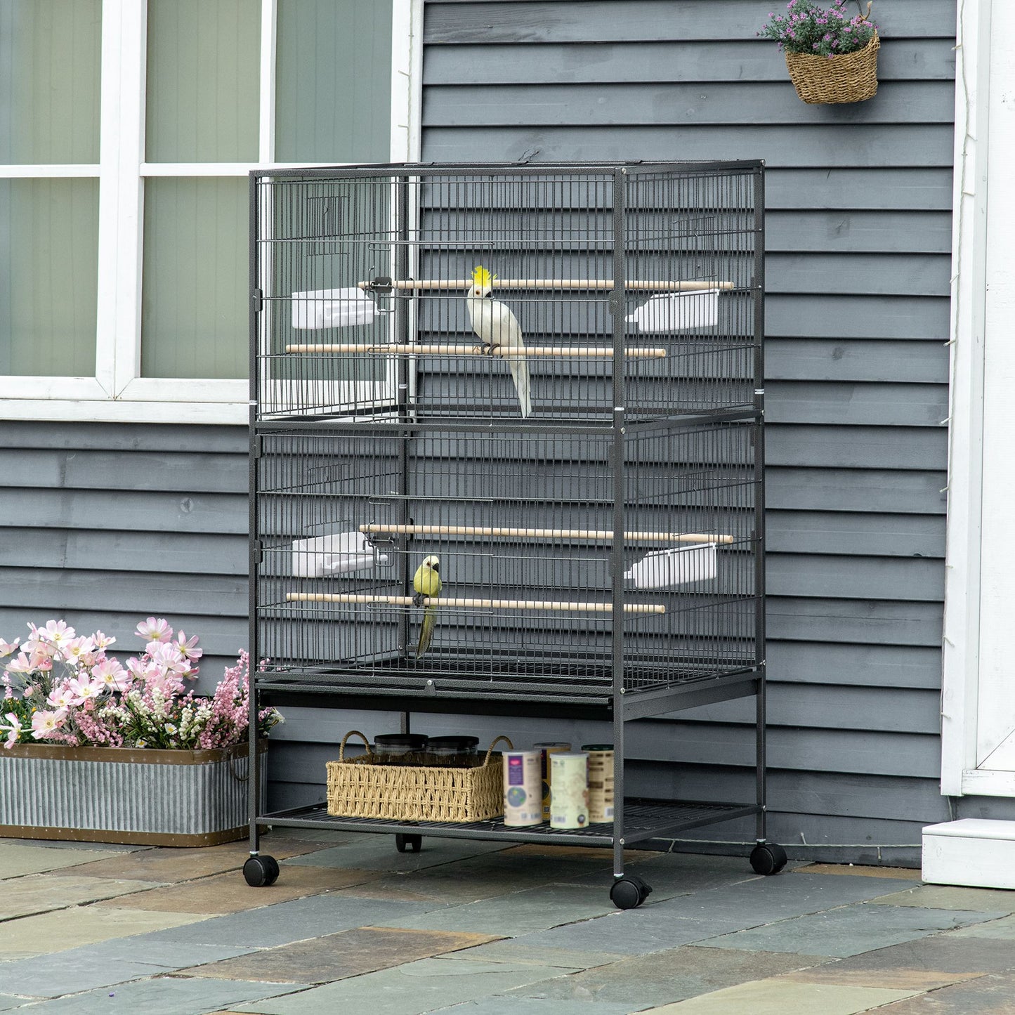 Large Bird Cage Budgie Cage for Finch Canaries Parakeet with Rolling Stand, Slide-out Tray, Storage Shelf, Food Containers
