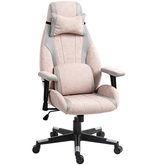 Fabric Gaming Chair with Lumbar Support, Headrest - Pale Pink