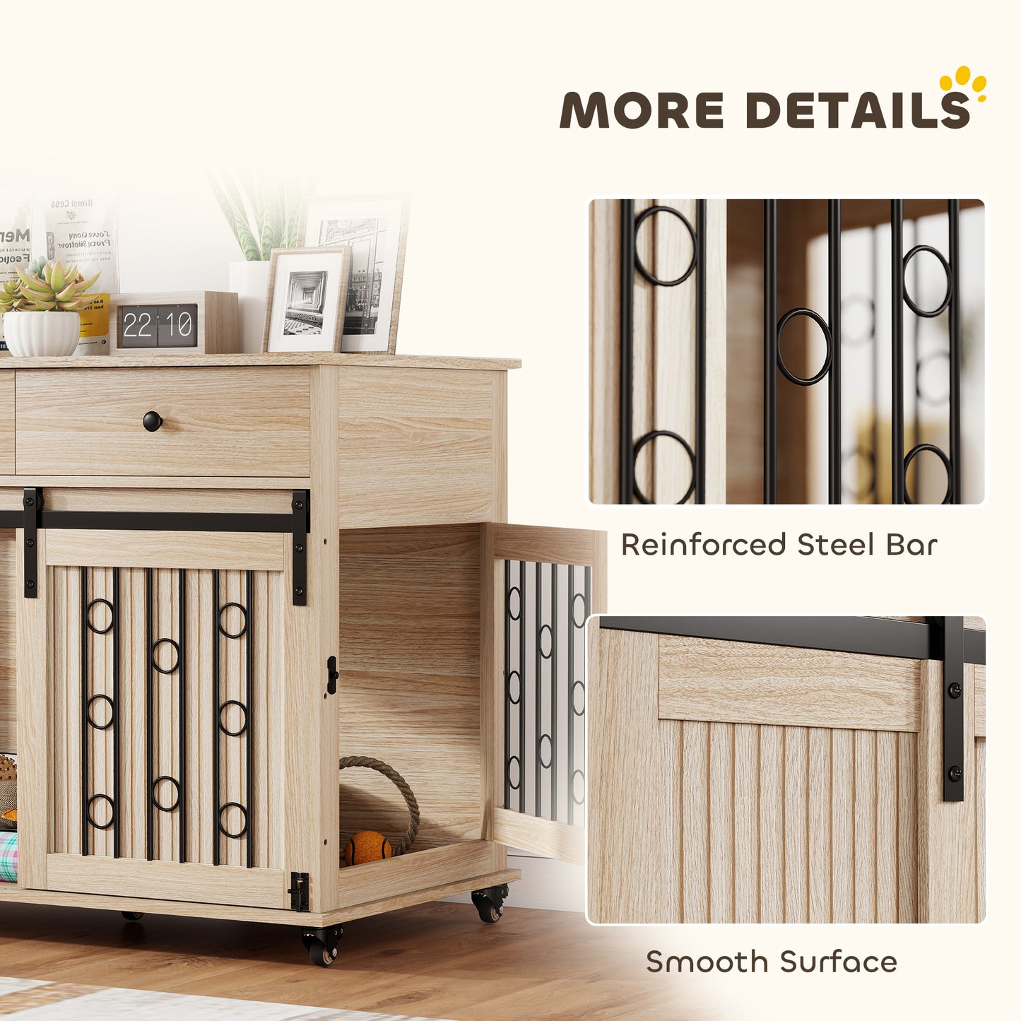 Dog Crate Furniture on Wheels, Dog Cage with 2 Drawers, Sliding Door, for Medium Large Dogs, Oak Tone