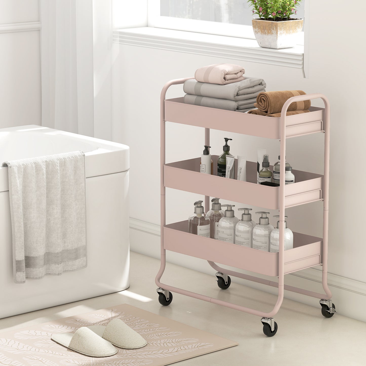 3-Tier Storage Trolley on Wheels, Rolling Utility Cart with Mesh Backets for Kitchen, Bathroom, Bedroom, Light Pink