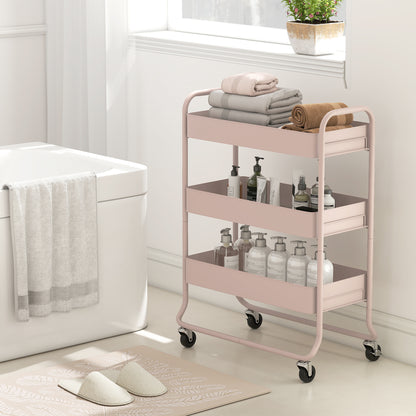 3-Tier Storage Trolley on Wheels, Rolling Utility Cart with Mesh Backets for Kitchen, Bathroom, Bedroom, Light Pink