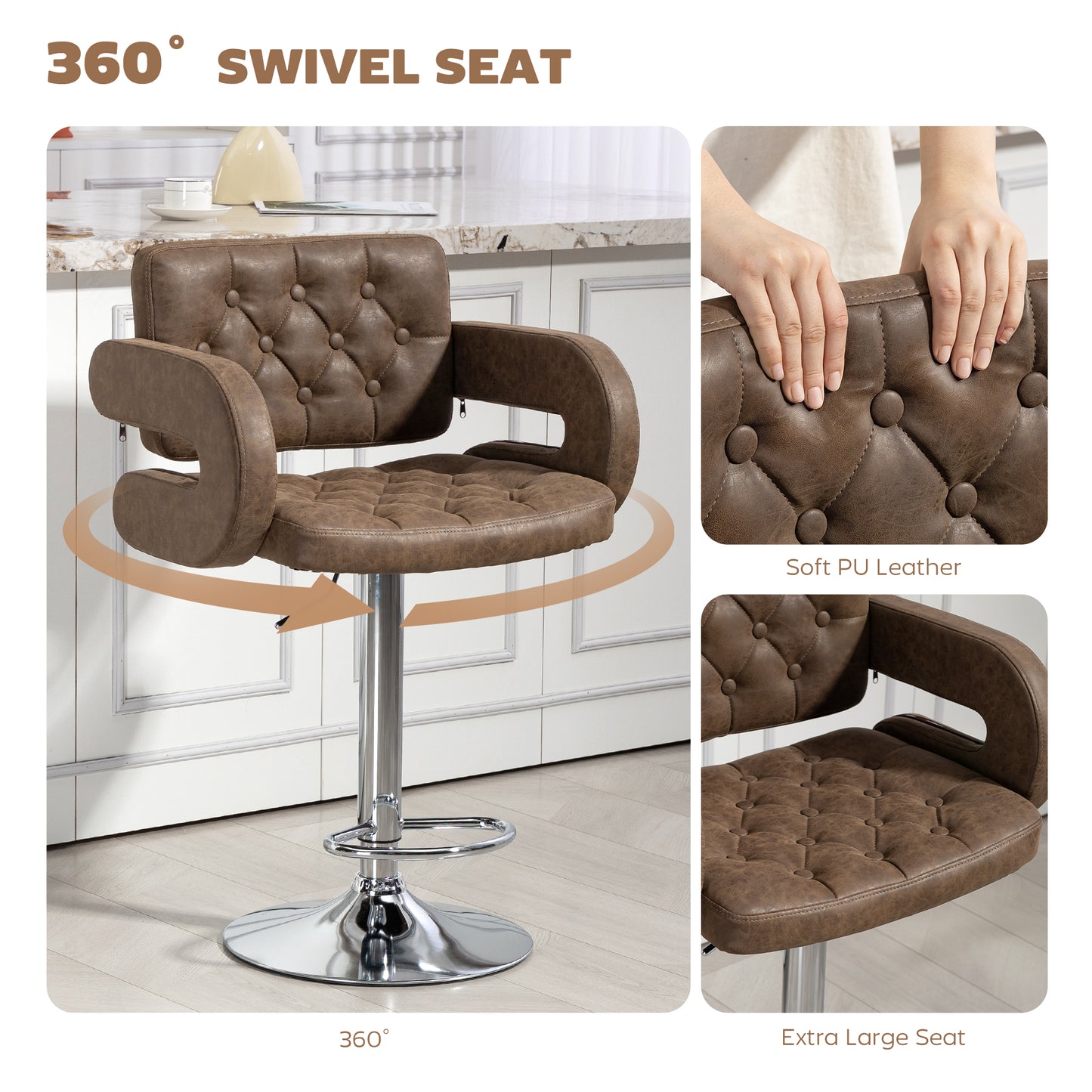 PU Leather Upholstered Swivel Bar Stool, Height Adjustable with Back, Armrest, Footrest, Coffee