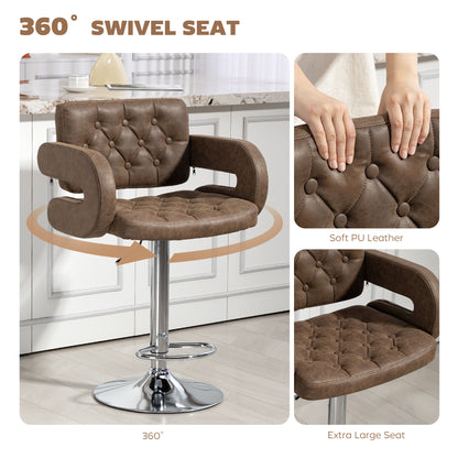 PU Leather Upholstered Swivel Bar Stool, Height Adjustable with Back, Armrest, Footrest, Coffee