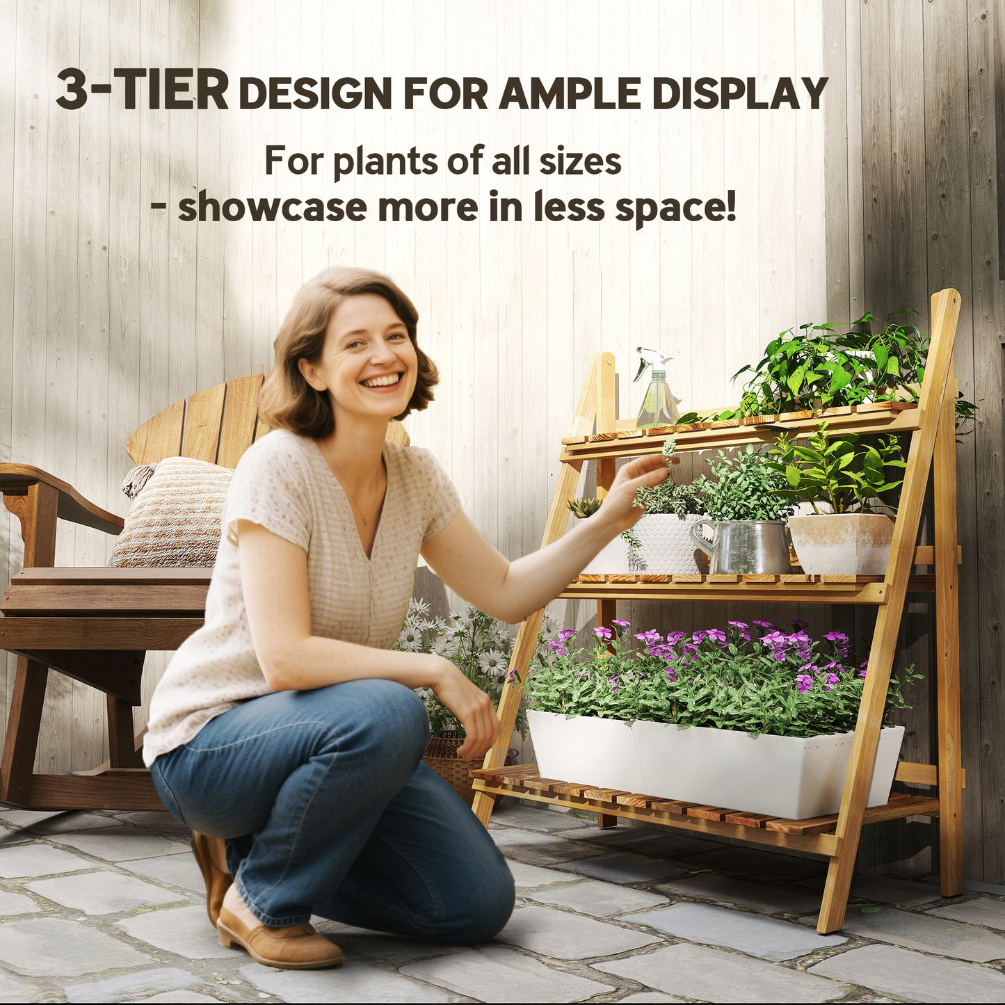 Wooden Folding Flower Pot Stand 3 Tier Garden Planter Display Ladder Gardener Storage Shelves Rack Herb Holder (80L x 37W x 9