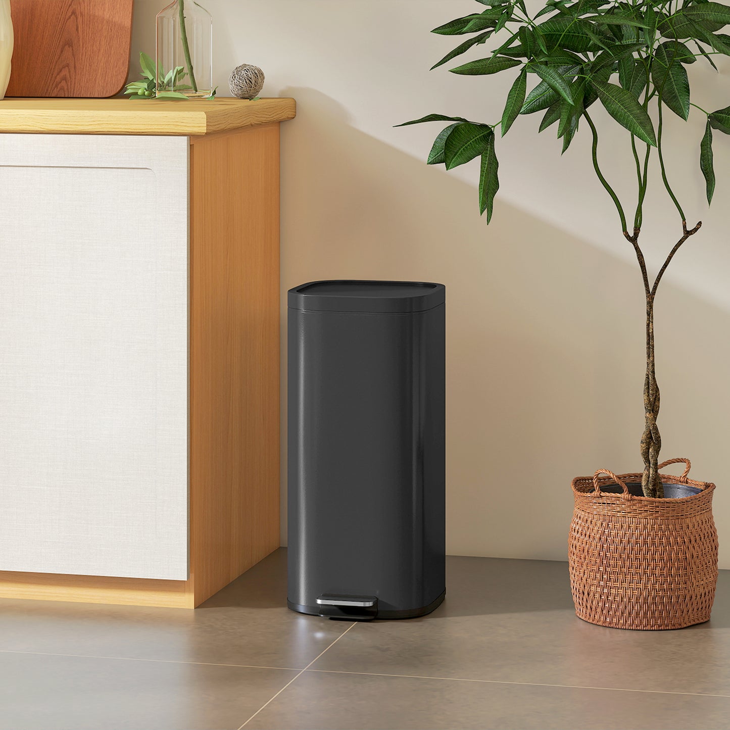 30L Kitchen Bin, Compact Pedal Bin with Soft-Close and Stay-Open Lid, Removable Bucket for Kitchen, Home, Office, Black