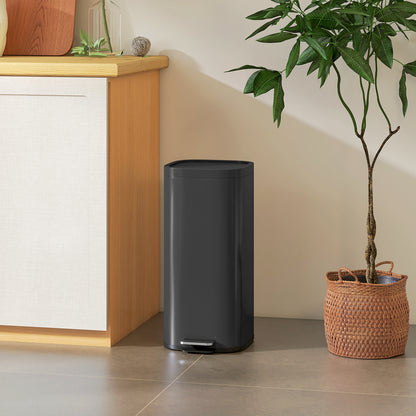 30L Kitchen Bin, Compact Pedal Bin with Soft-Close and Stay-Open Lid, Removable Bucket for Kitchen, Home, Office, Black