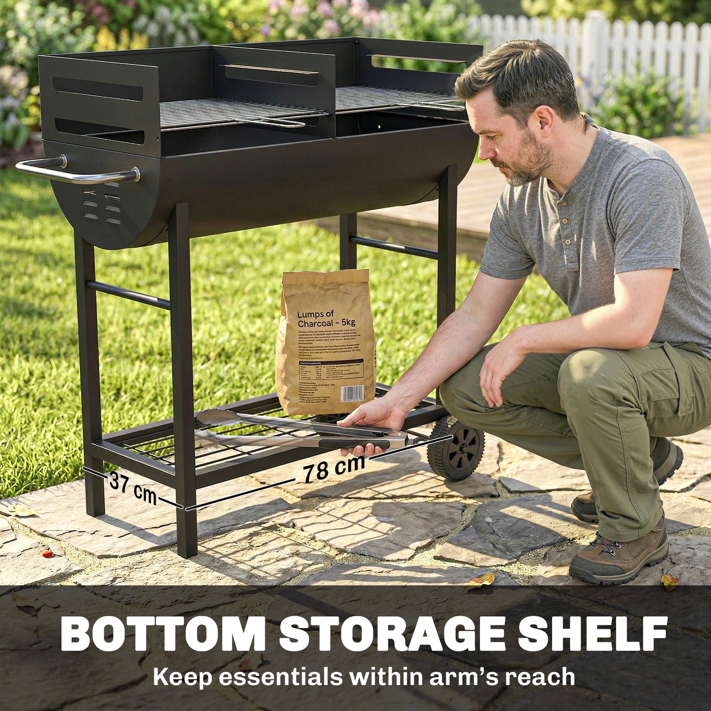 Charcoal Barbecue Grill with 2 Cooking Areas, Portable BBQ Trolley with Wheels, Height Adjustable Grates, Bottom Shelf