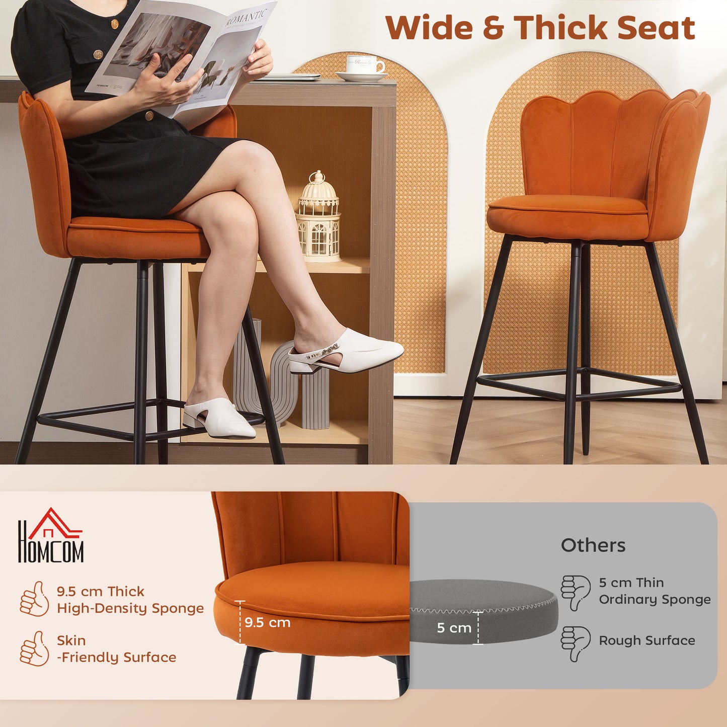 Set of Two Velvet-Feel Lotus Bar Stools - Orange