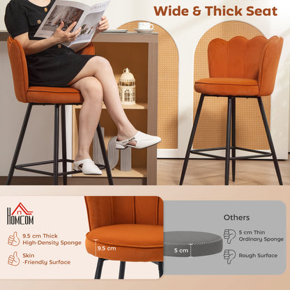 Set of Two Velvet-Feel Lotus Bar Stools - Orange
