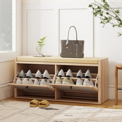 Rattan Shoe Bench with Padded Cushion and 2 Cabinets for Hidden Storage, Oak Wood Effect