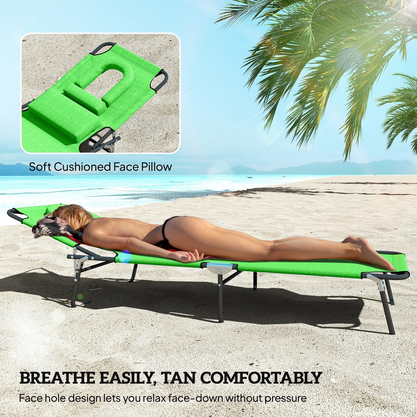 Folding Sun Loungers Set of 2 with Face Hole, 4-Position Adjustable Backrest Garden Recliner Chair Sunbed