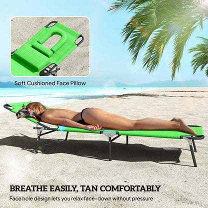 Folding Sun Loungers Set of 2 with Face Hole, 4-Position Adjustable Backrest Garden Recliner Chair Sunbed