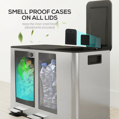 3 x 20L Pedal Bin, Steel Triple Kitchen Bin with Soft Close Lid, Removable Inner Buckets, Fingerprint-Proof, Silver Tone