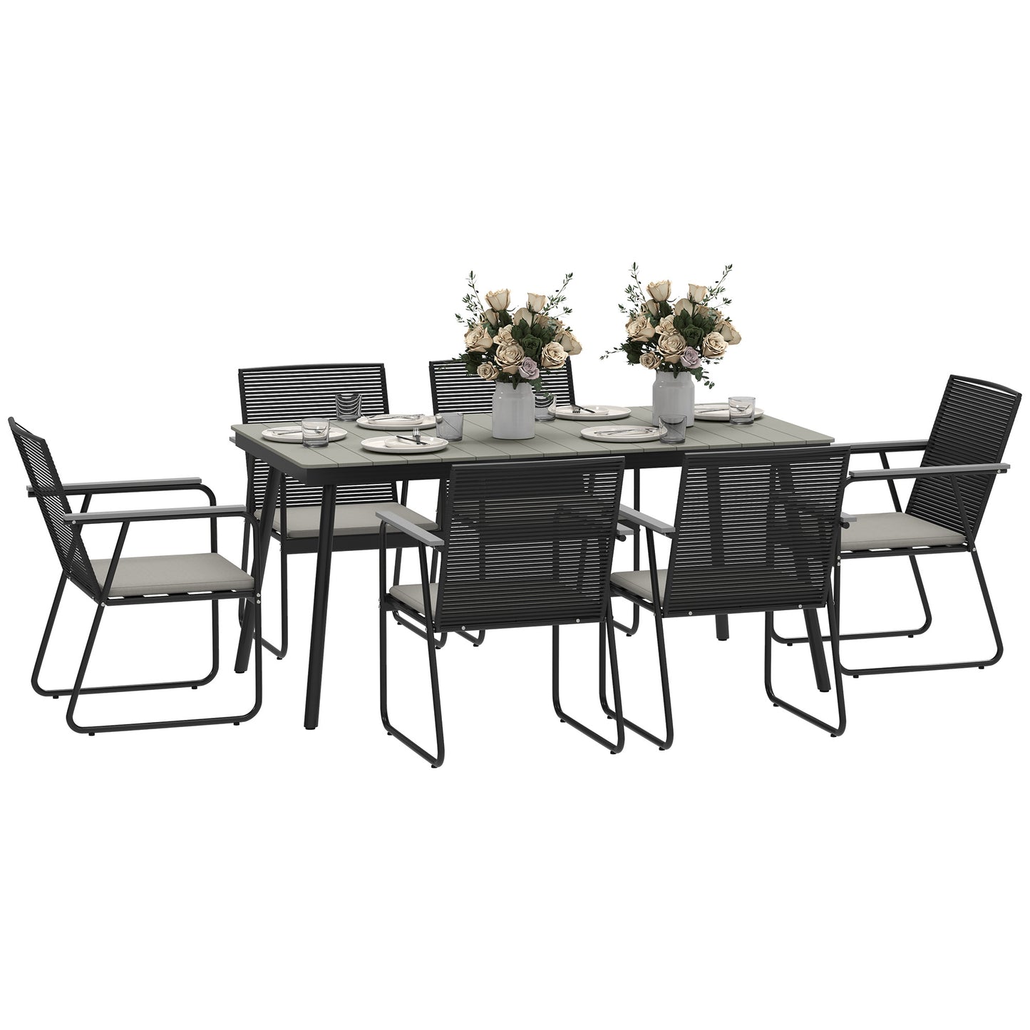 6‑Seater Garden Dining Set with Cushions, Rattan Backrest, Plastic Top, Garden Furniture Set, Grey