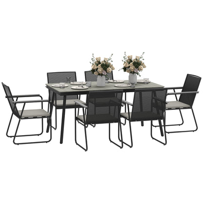 6‑Seater Garden Dining Set with Cushions, Rattan Backrest, Plastic Top, Garden Furniture Set, Grey