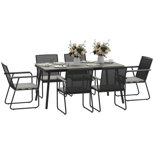 6‑Seater Garden Dining Set with Cushions, Rattan Backrest, Plastic Top, Garden Furniture Set, Grey