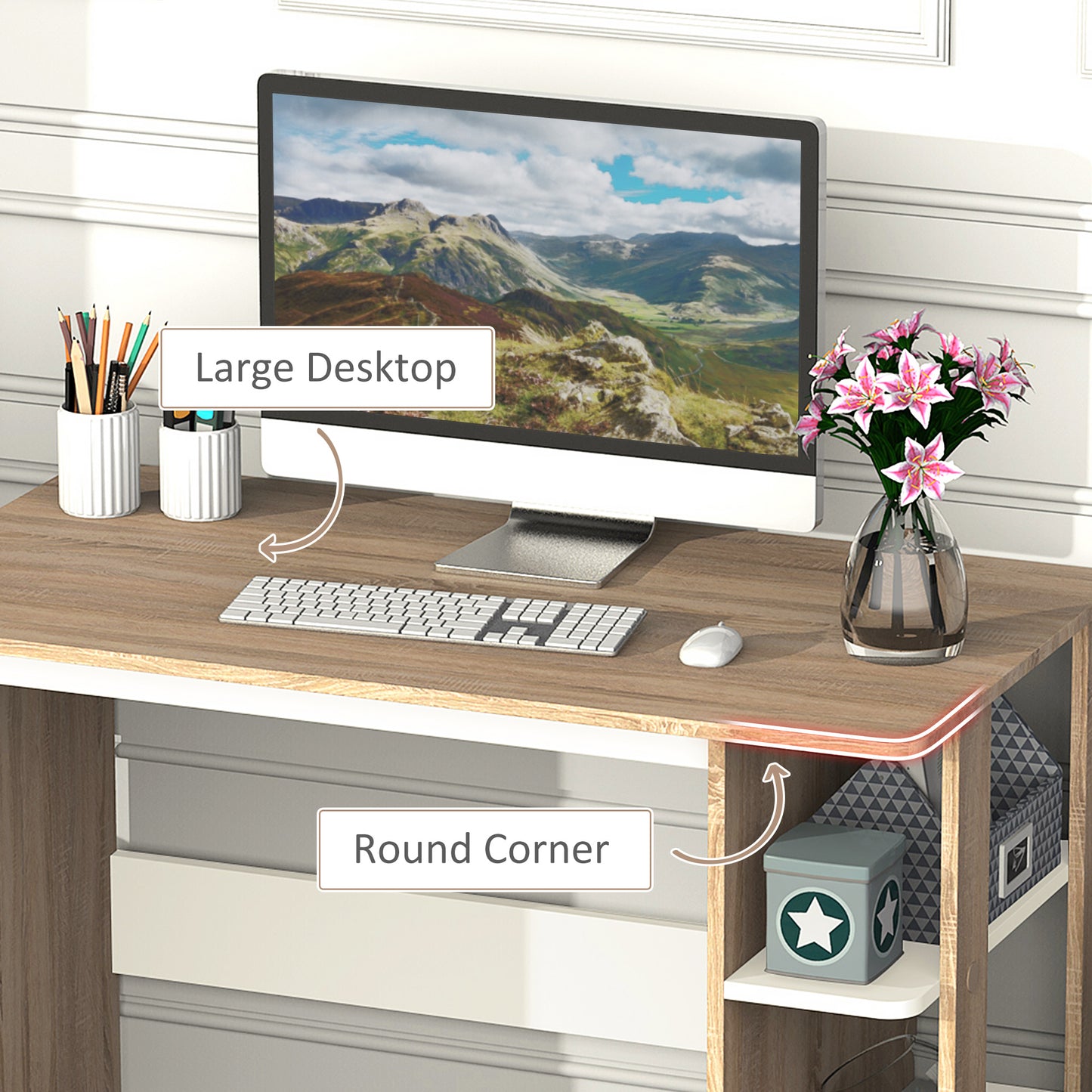 Computer Desk, Writing Desk with 3-Tier Storage Shelf, Work Table for Home Office, Study, Living Room, Oak and White