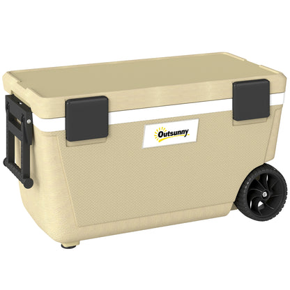 70L Insulated Cool Box with Wheels, Portable Ice Cooler with Handle, Lid and Drain Valve, Khaki
