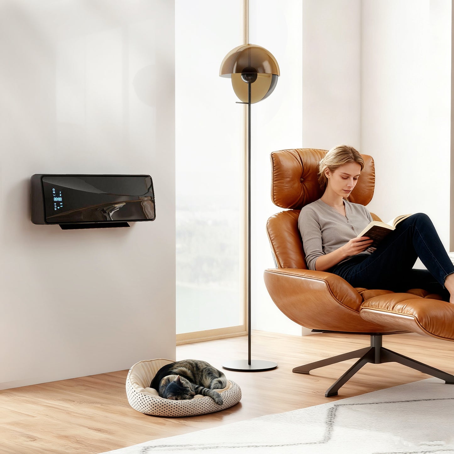 2000W Ceramic Electric Heater with Fan, Adjustable Thermostat, Wall Mounted - Black