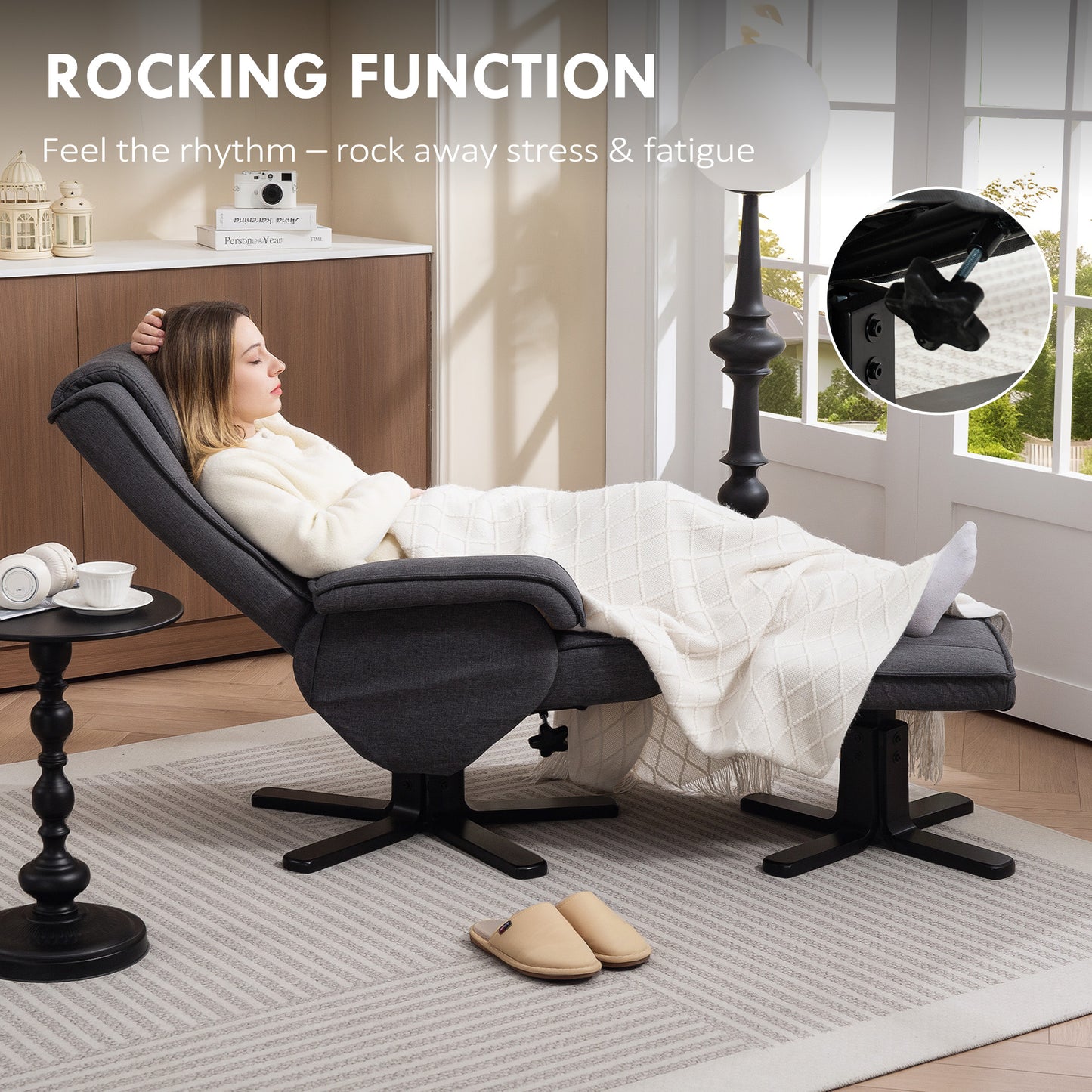 Swivel Recliner Chair with Footstool - Charcoal Grey Linen
