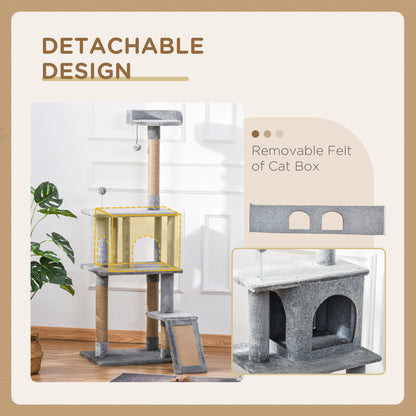 Cat Tree Tower 142cm Climbing Kitten Activity Center with Jute Scratching Post Board, Removable Felt Hanging Toy, Grey